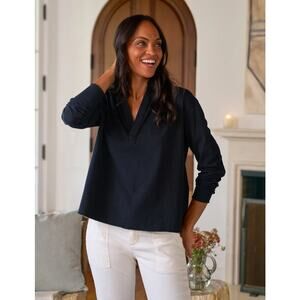 Frank & Eileen Patrick Raw Hem Popover Henley Pullover Long Sleeve Top Black XS